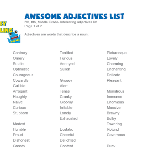 Awesome Adjectives, Vibrant Verbs creative writing word lists from Super Easy Storytelling